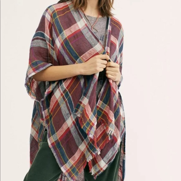 Free People Kimono Plaid Oversized wine green O/S - Picture 2 of 6
